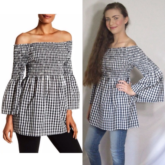 🔴 Gingham Off The Shoulder Bell Sleeve Tunic NWT by Max Studio - Picture 3 of 8